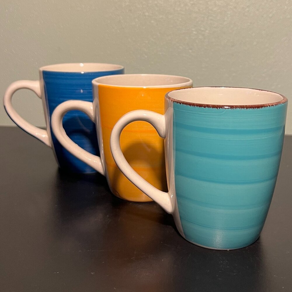 ROYAL NORFOLK Stoneware Mugs Blue Yellow Aqua Set of 3 Greenbrier International